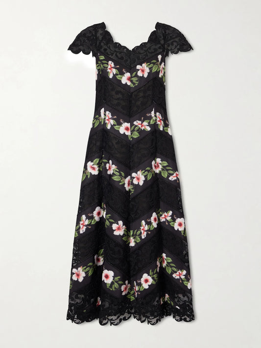 Floral-print Faille And Lace Midi Dress