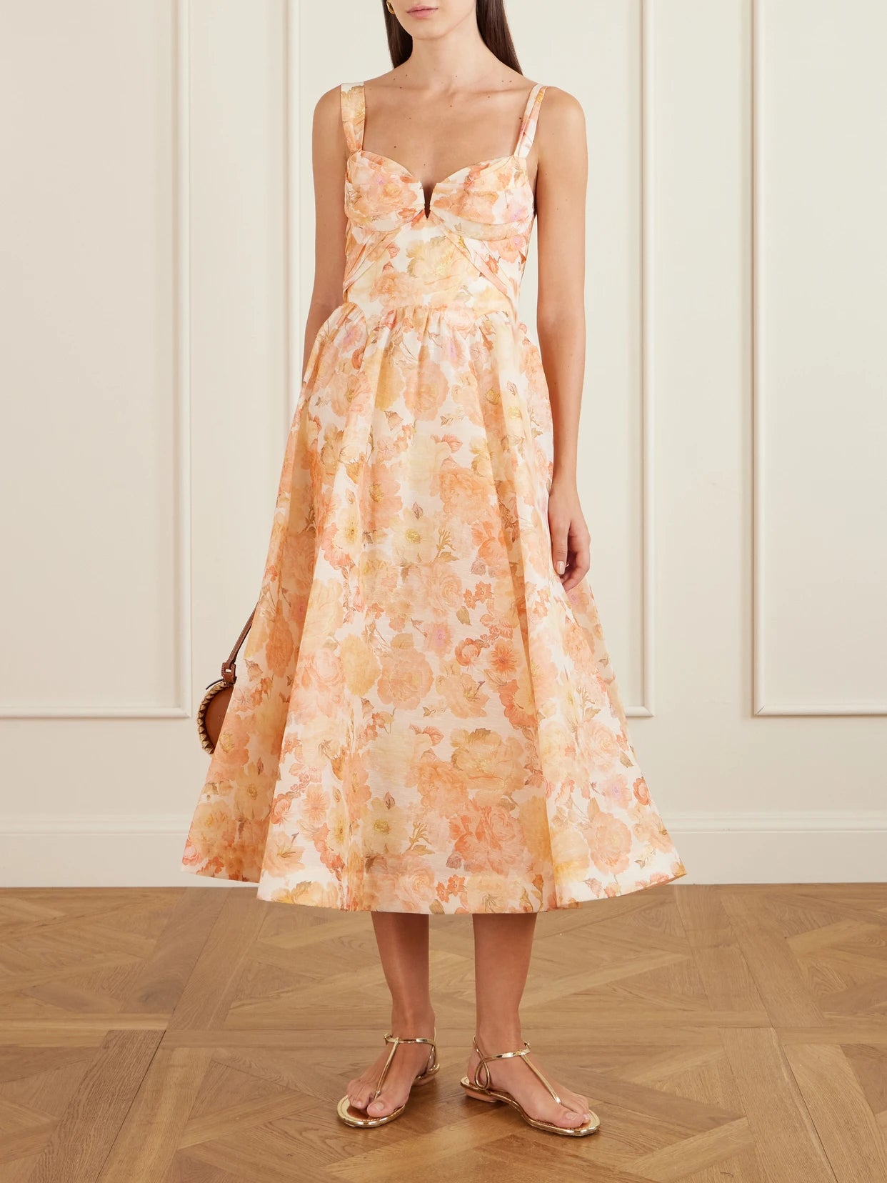 Image of Dresses. Product name - Rebellion Floral-print Linen And Silk-blend Bustier Midi Dress in Orange colour by brand - Zimmermann