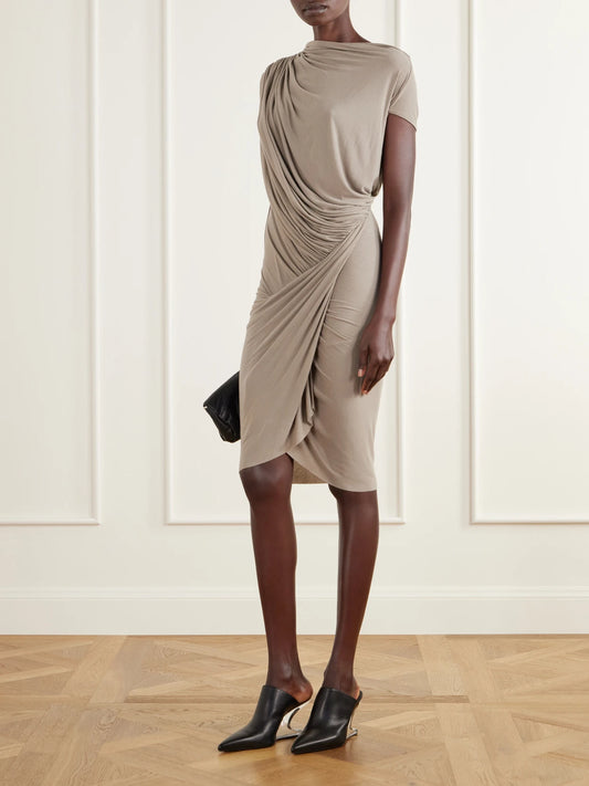 Image of Dresses. Product name - Ares Asymmetric Draped Gathered Stretch-jersey Mini Dress in Gray colour by brand - Rick Owens