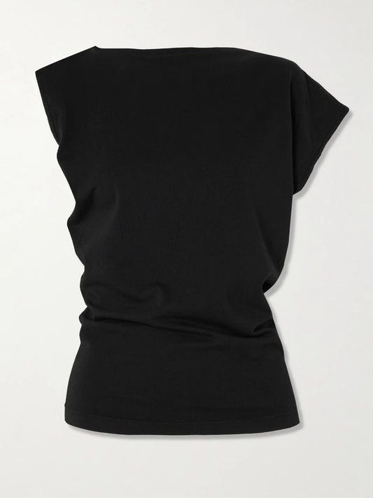 Image of a model wearing Tops. Product name - Beth Asymmetric Draped Cotton-jersey T-shirt in Black colour by brand - AGOLDE