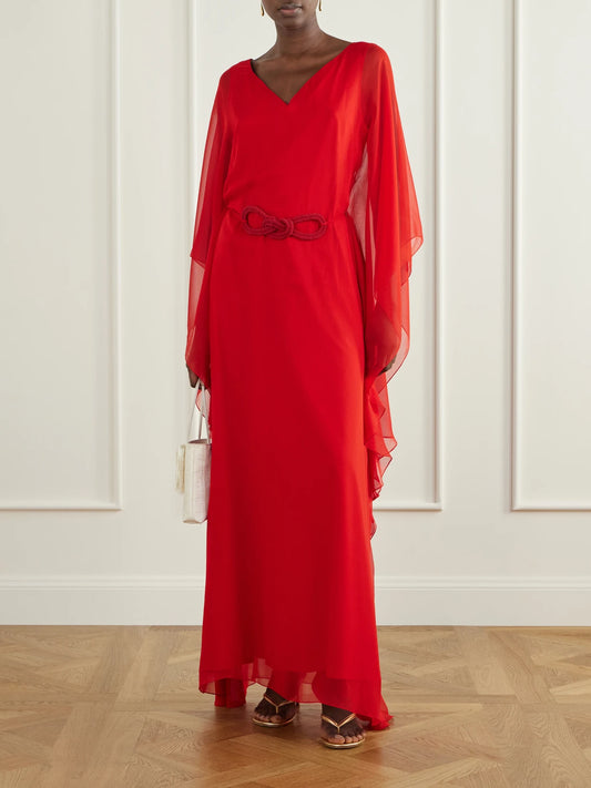 Image of Dresses. Product name - Gesto Continuo Silk-chiffon Maxi Dress in Red colour by brand - Andres Otalora