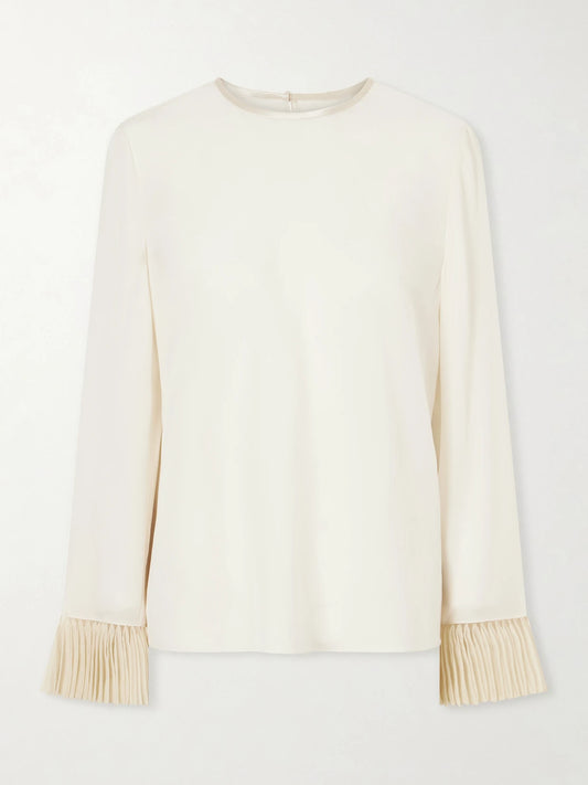 Image of a model wearing Tops. Product name - Silk Crepe De Chine Blouse in Cream colour by brand - Valentino Garavani