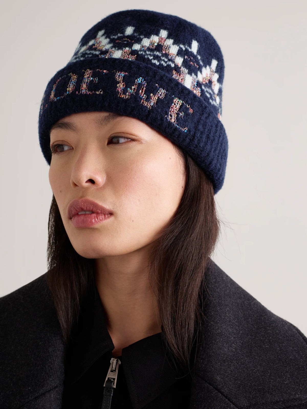 Image of Hats. Product name - Sequin-embellished Fair Isle Wool-blend Beanie in Navy colour by brand - LOEWE