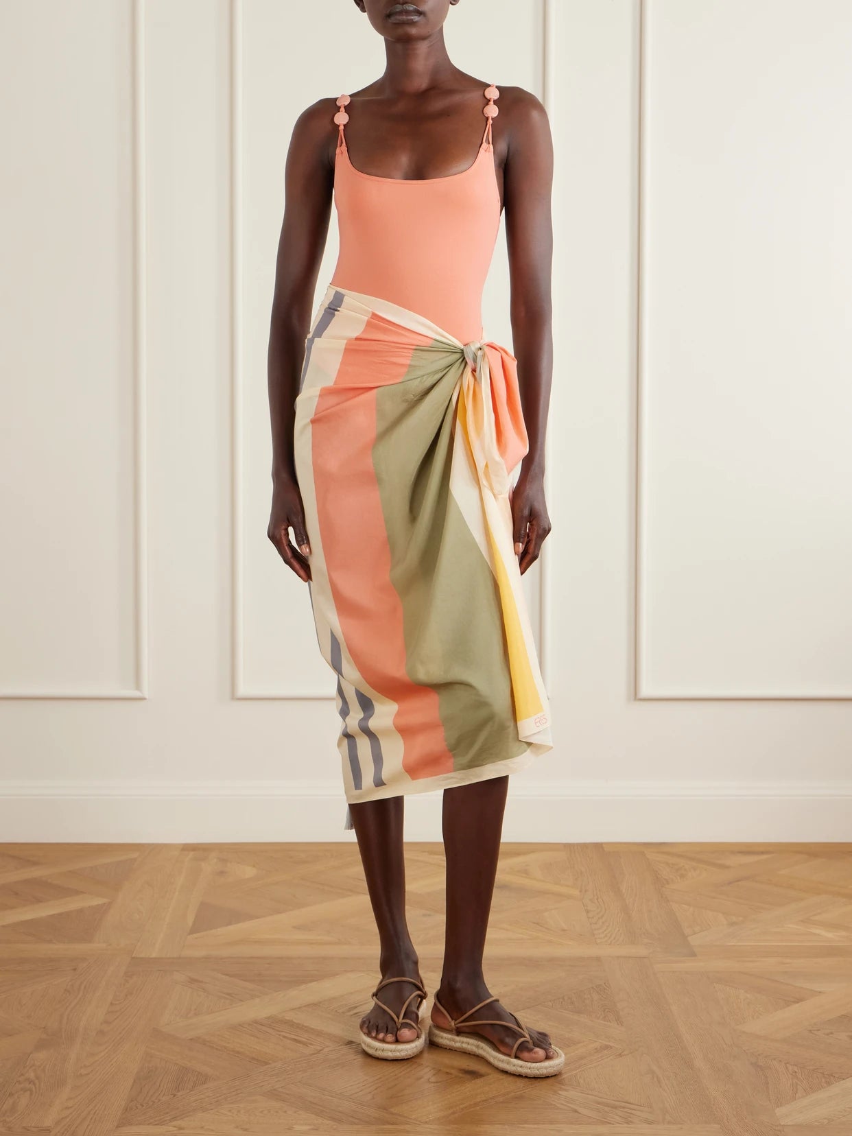 Image of Swimwear. Product name - Croquant Striped Cotton And Silk-blend Sarong in Multi colour by brand - Eres