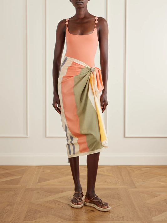 Image of Swimwear. Product name - Croquant Striped Cotton And Silk-blend Sarong in Multi colour by brand - Eres