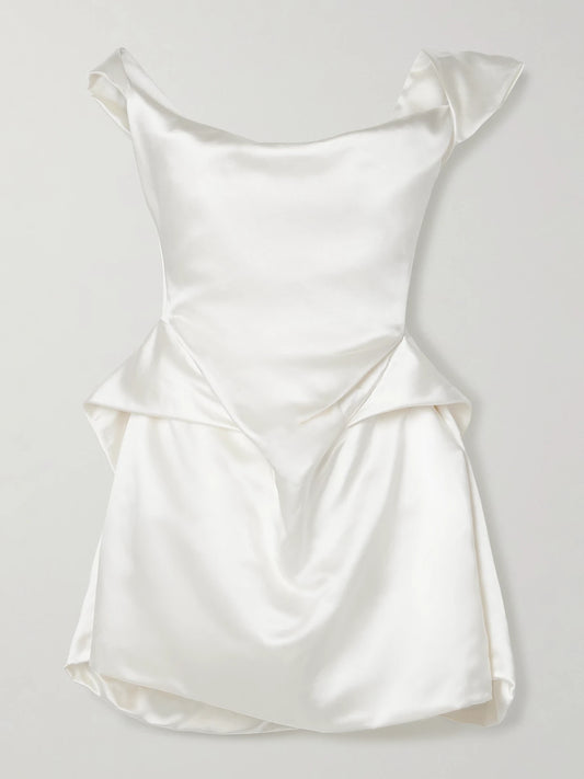 Image of Dresses. Product name - Aurora Off-the-shoulder Draped Silk-satin Mini Dress in Ivory colour by brand - Vivienne Westwood