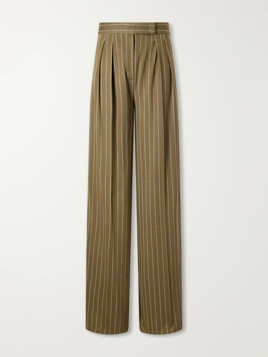 Image of a model wearing Pants. Product name - Striped Pleated Jersey Wide-leg Pants in Army green colour by brand - Max Mara