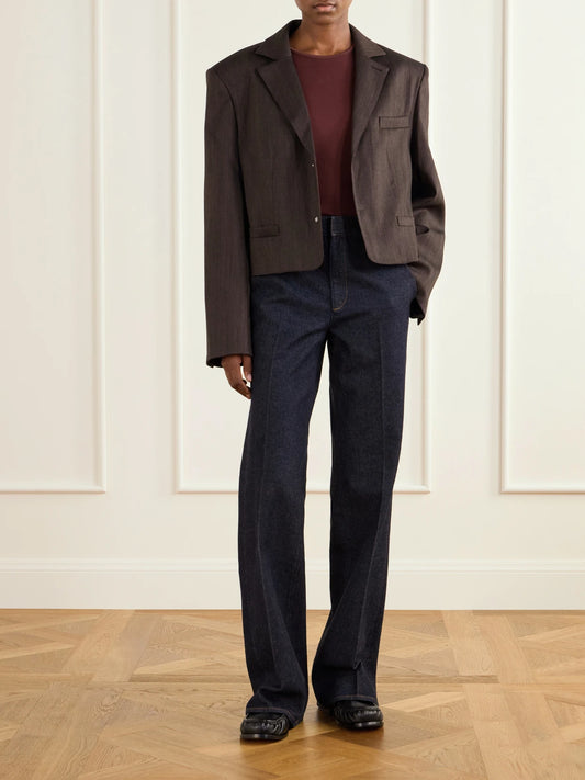 Image of Coats & Jackets. Product name - Wool-blend Herringbone Cropped Blazer in Brown colour by brand - Tibi