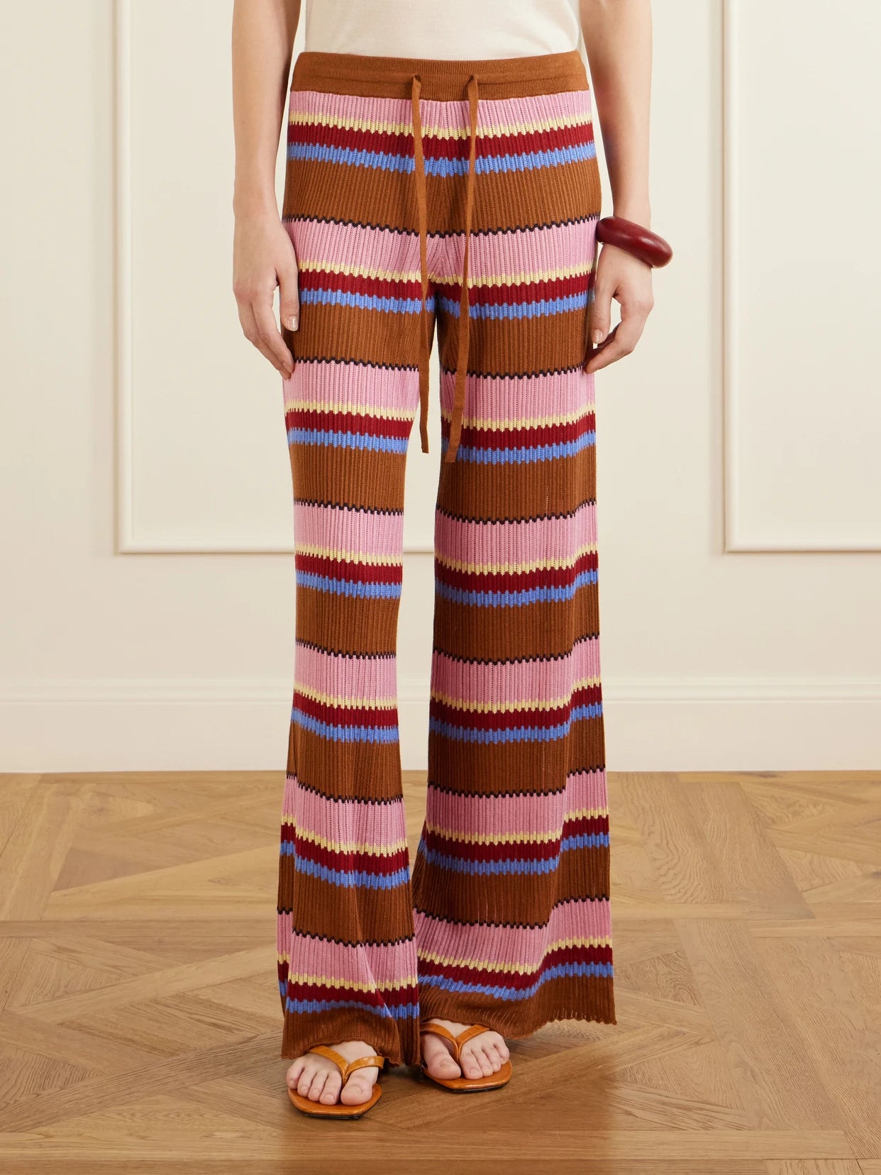 Palazzo Striped Ribbed Silk And Linen-blend Wide-leg Pants