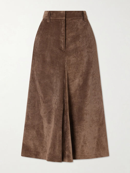Image of a model wearing Skirts. Product name - Embellished Corduroy Midi Skirt in Dark brown colour by brand - Brunello Cucinelli