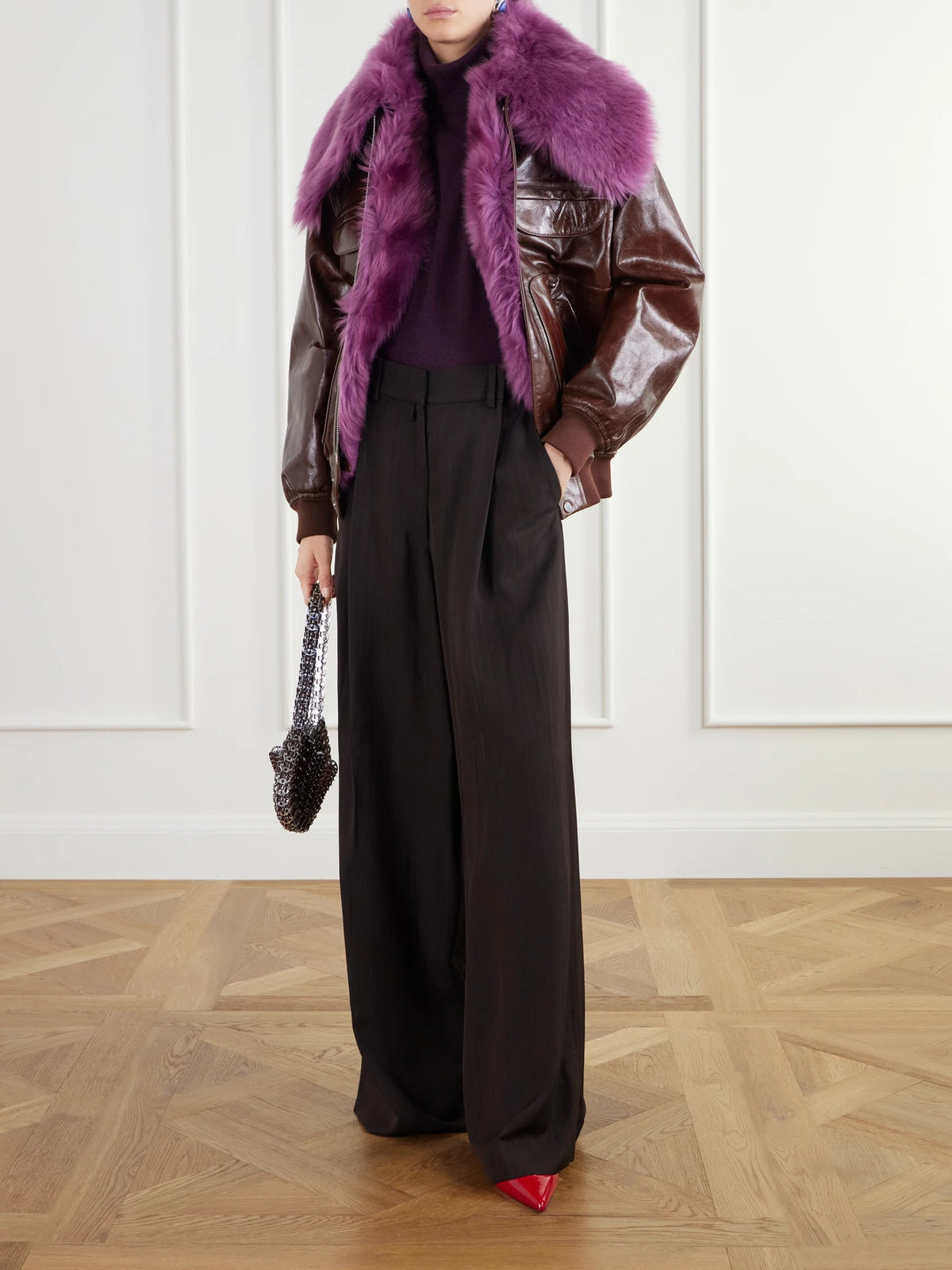 Image of Coats & Jackets. Product name - Shearling-trimmed Leather Bomber Jacket in Brown colour by brand - RABANNE