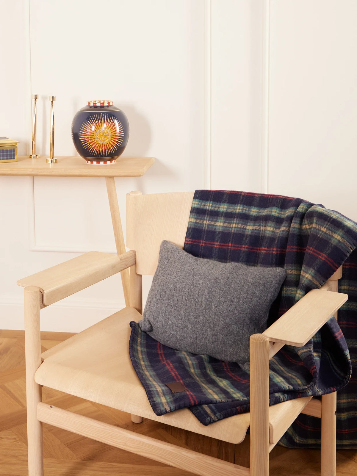 Image of Chair & Sofa Cushions. Product name - Georgia Leather-trimmed Whipstitched Checked Wool And Cashmere-blend Blanket in Navy colour by brand - Ralph Lauren Home
