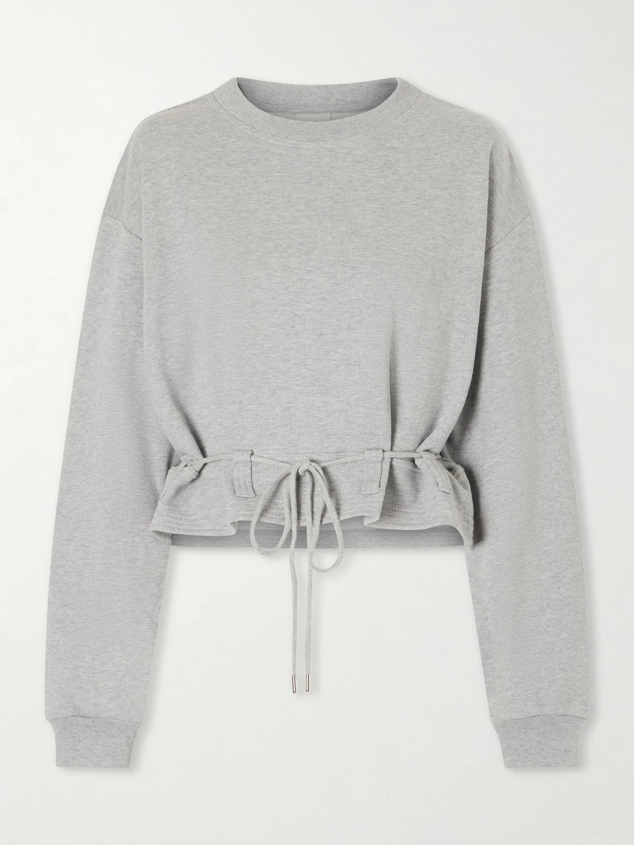 Image of a model wearing Tops. Product name - Ruffled Cotton-jersey Sweatshirt in Gray colour by brand - Dries Van Noten
