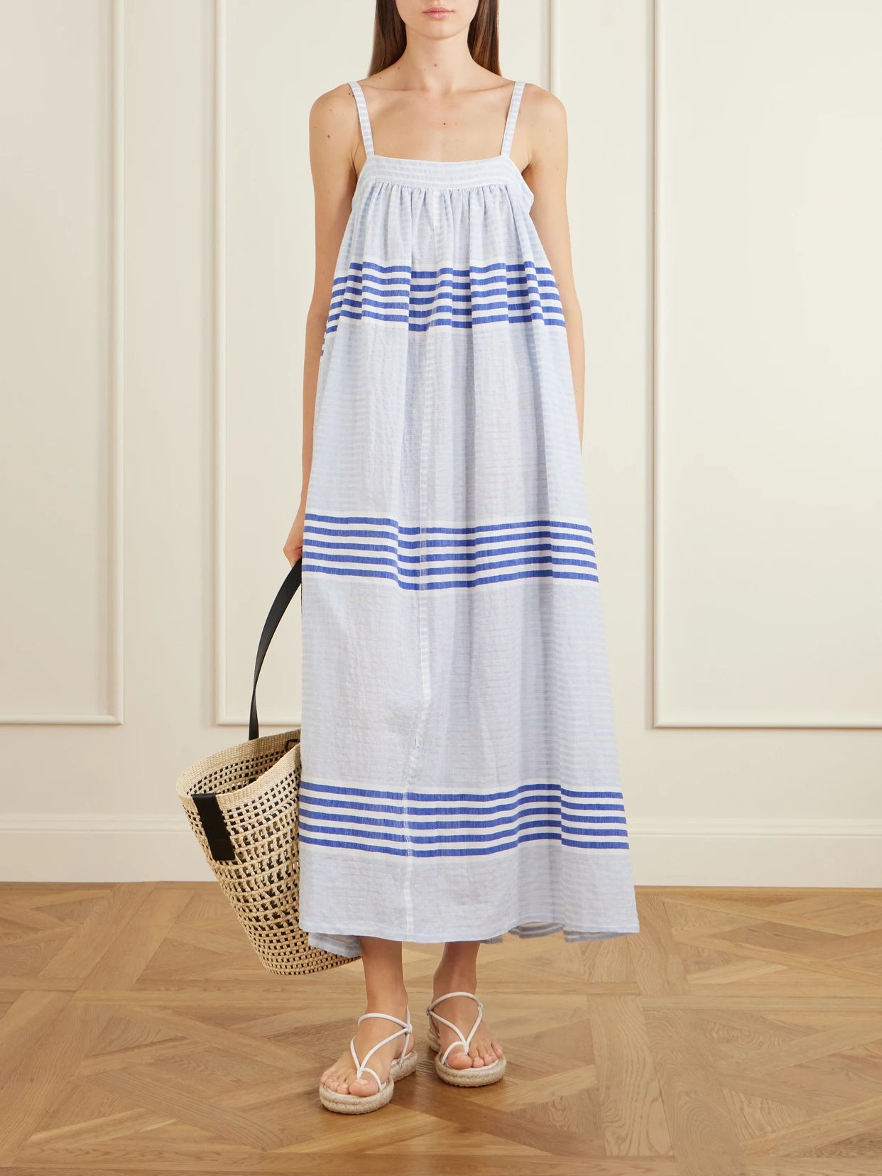 Image of Dresses. Product name - Eda Striped Cotton-gauze Midi Dress in Blue colour by brand - lemlem