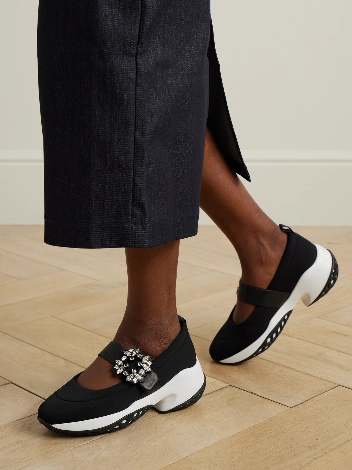 Viv Run Crystal-embellished Stretch And Leather Sneakers