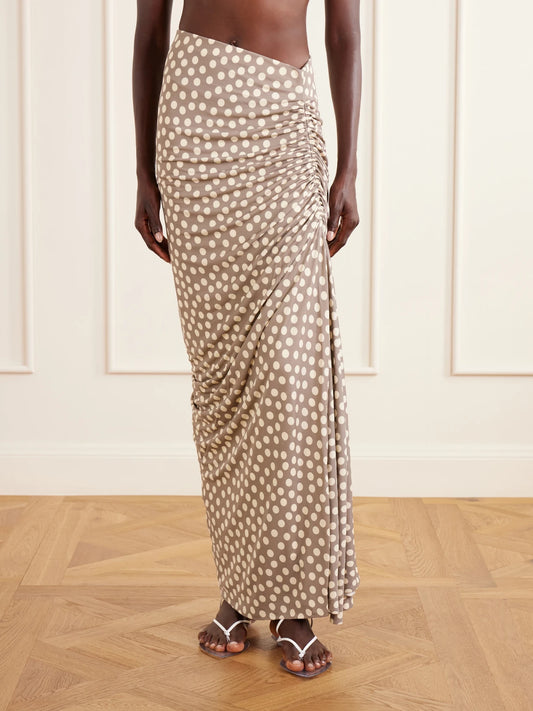 Gathered Polka-dot Jersey Midi Skirt