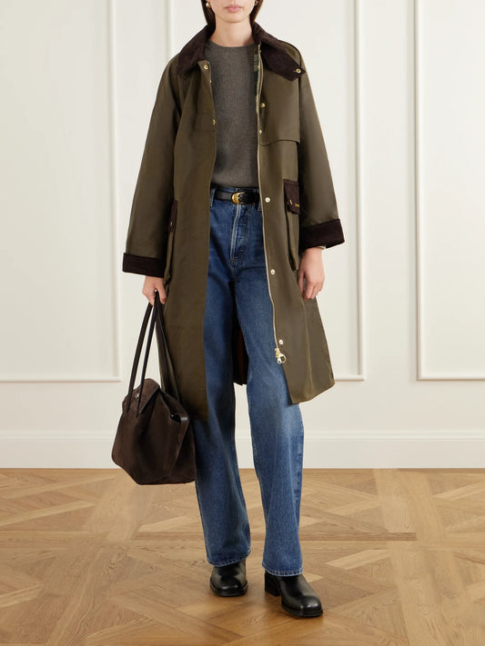 Image of Coats & Jackets. Product name - Kirklees Corduroy-trimmed Waxed Cotton Jacket in Army green colour by brand - Barbour