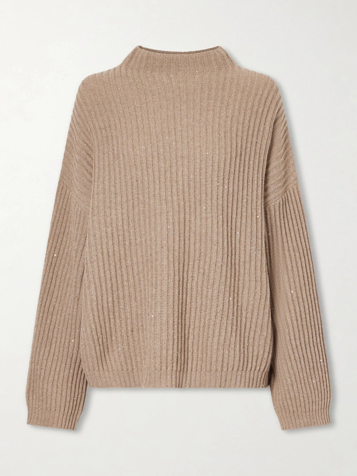 Image of a model wearing Outerwear. Product name - Sequined Ribbed-knit Sweater in Beige colour by brand - Brunello Cucinelli