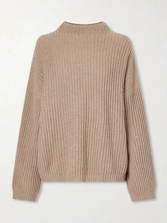 Image of a model wearing Outerwear. Product name - Sequined Ribbed-knit Sweater in Beige colour by brand - Brunello Cucinelli