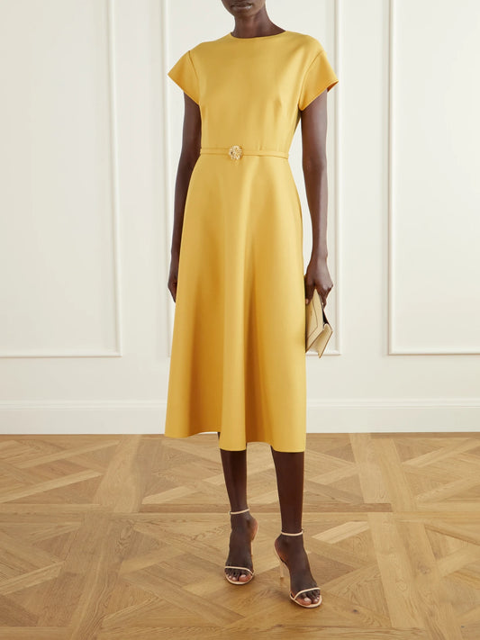 Image of Dresses. Product name - Belted Wool-blend Cady Midi Dress in Mustard colour by brand - Oscar de la Renta