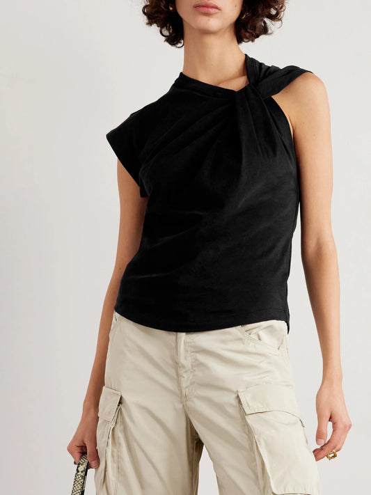 Image of a model wearing Tops. Product name - Nayda Knotted Cotton-jersey Top in Black colour by brand - ISABEL MARANT