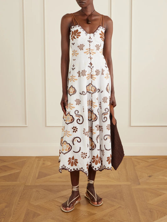 Image of Dresses. Product name - Lorina Broderie Anglaise Cotton-blend Midi Dress in Brown colour by brand - Charo Ruiz
