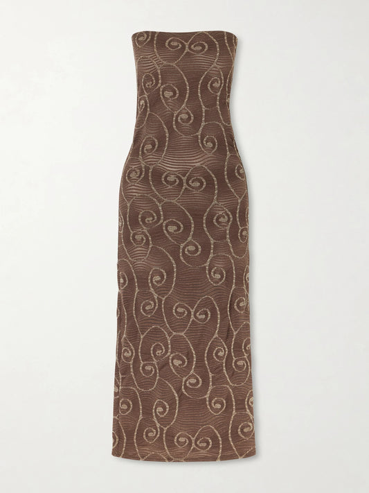 Image of Dresses. Product name - Metallic Jacquard-knit Midi Dress in Chocolate colour by brand - Sara Cristina
