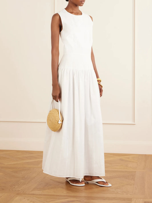 Image of Dresses. Product name - Ama Gathered Striped Cotton Maxi Dress in White colour by brand - Loulou de Saison