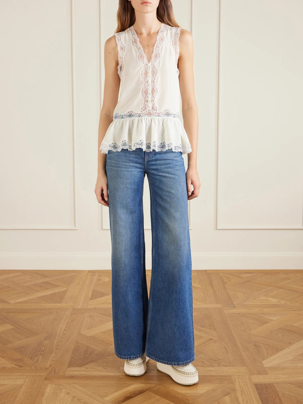 Image of Sneakers. Product name - Nama Patchwork Suede-trimmed Leather Platform Sneakers in White colour by brand - Chloé