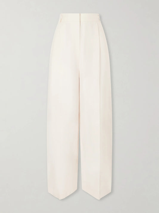 Image of a model wearing Pants. Product name - Lodger Linen And Wool-blend Wide-leg Pants in Off-white colour by brand - Loro Piana
