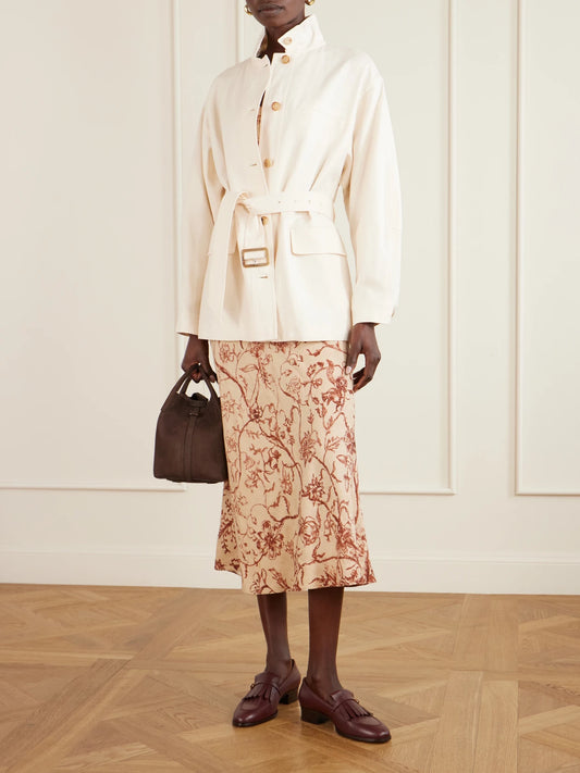 Image of Coats & Jackets. Product name - Lismore Belted Linen And Wool-blend Jacket in Peach colour by brand - Loro Piana