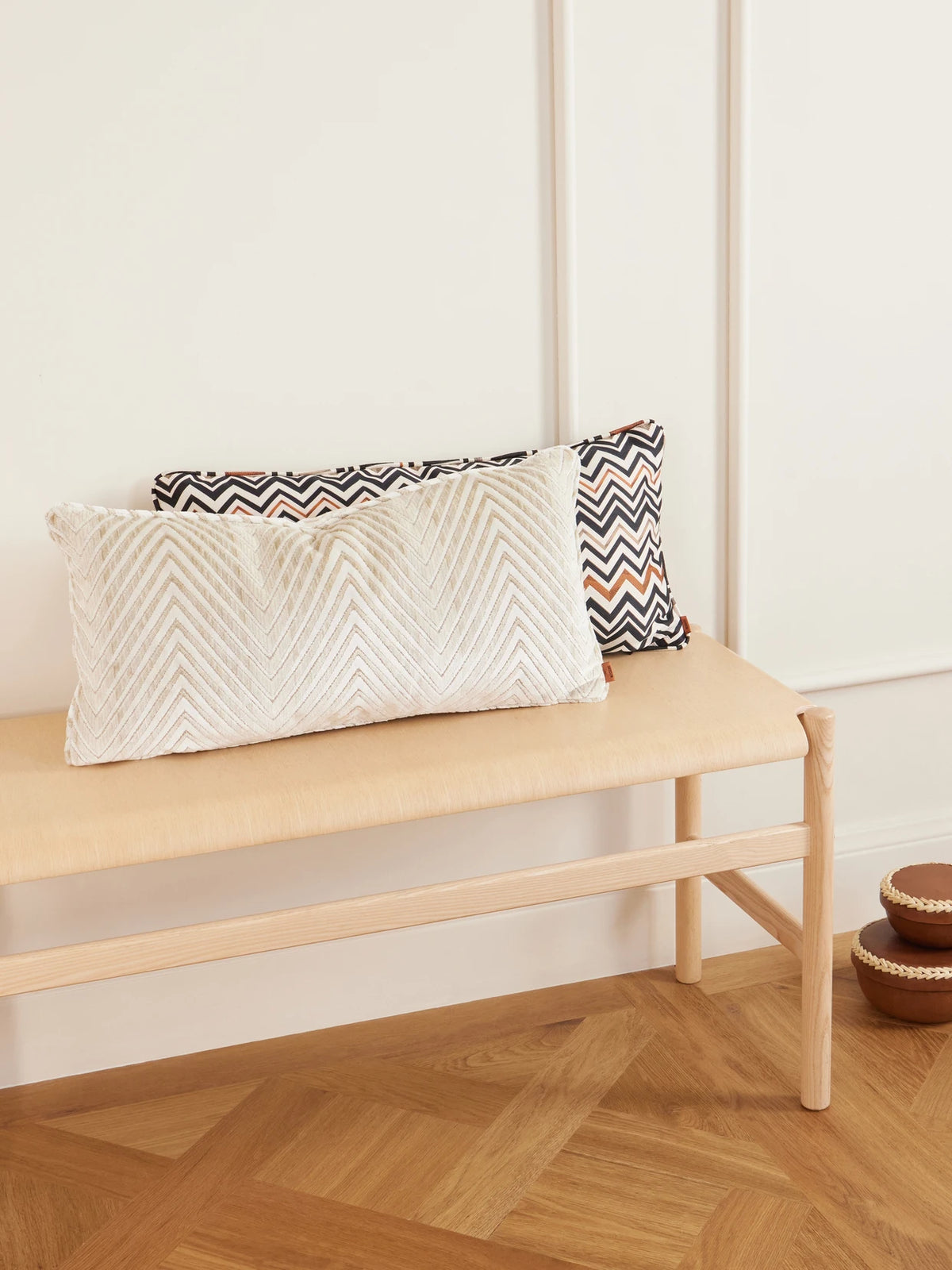Image of Chair & Sofa Cushions. Product name - Ziggy Striped Velvet Cushion in Off-white colour by brand - MISSONI HOME