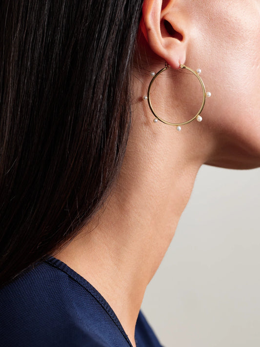 Image of Earrings. Product name - Large Dot 14-karat Gold Pearl Hoop Earrings in Multi colour by brand - Mateo