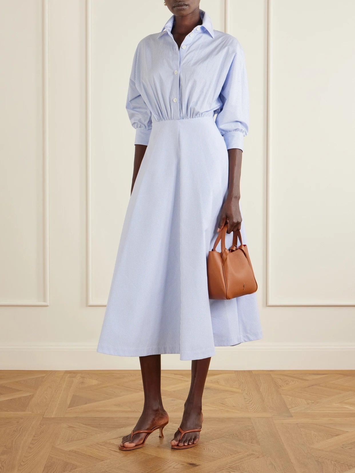 Image of Dresses. Product name - Striped Cotton-poplin Midi Dress in Light blue colour by brand - Altuzarra