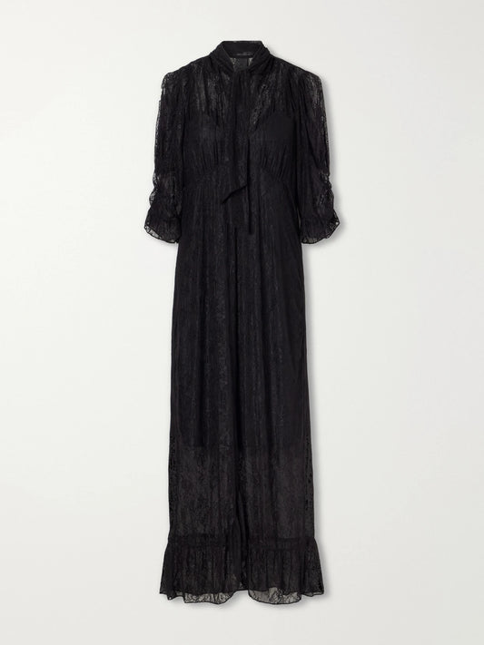 Tie-detailed Ruffled Lace Midi Dress