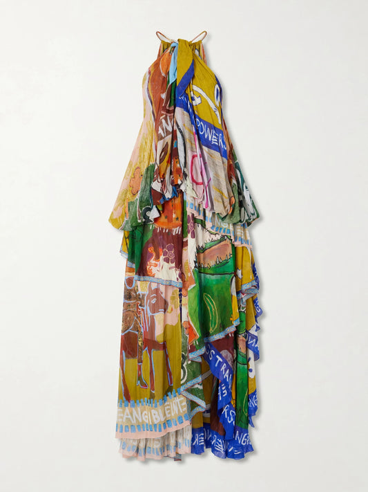 Image of Dresses. Product name - Mlak Draped Printed Organza Halterneck Midi Dress in Multi colour by brand - ALÉMAIS