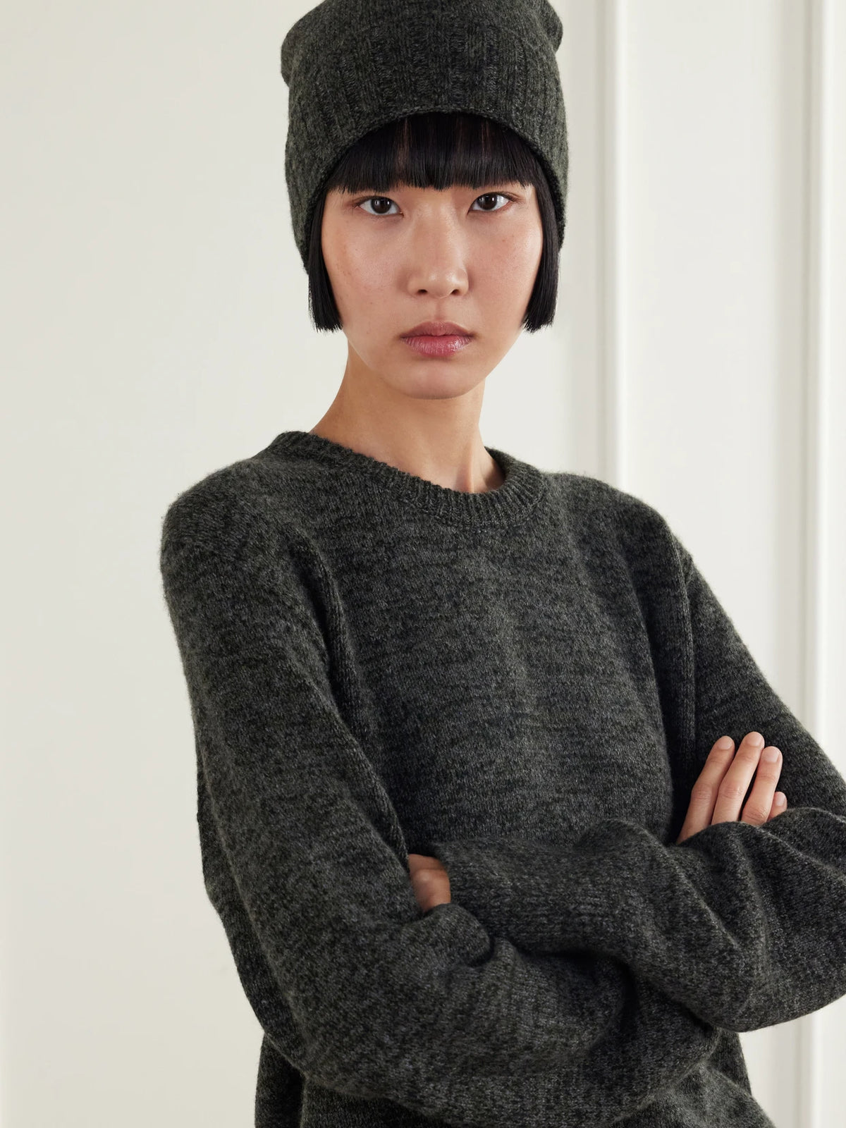 Image of Hats. Product name - Qylos Cashmere Mouline Hat in Gray, Black colour by brand - The Row