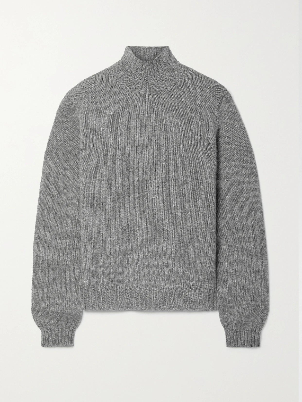 Image of a model wearing Outerwear. Product name - Essentials Kensington Cashmere Turtleneck Sweater in Gray colour by brand - The Row