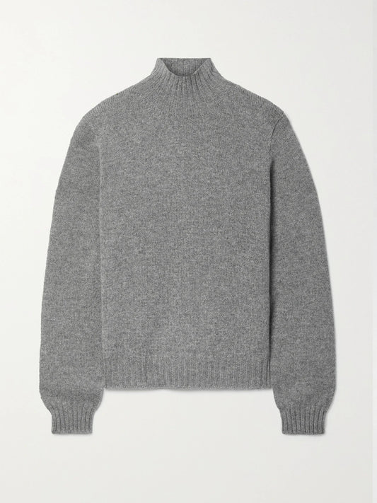 Image of a model wearing Outerwear. Product name - Essentials Kensington Cashmere Turtleneck Sweater in Gray colour by brand - The Row