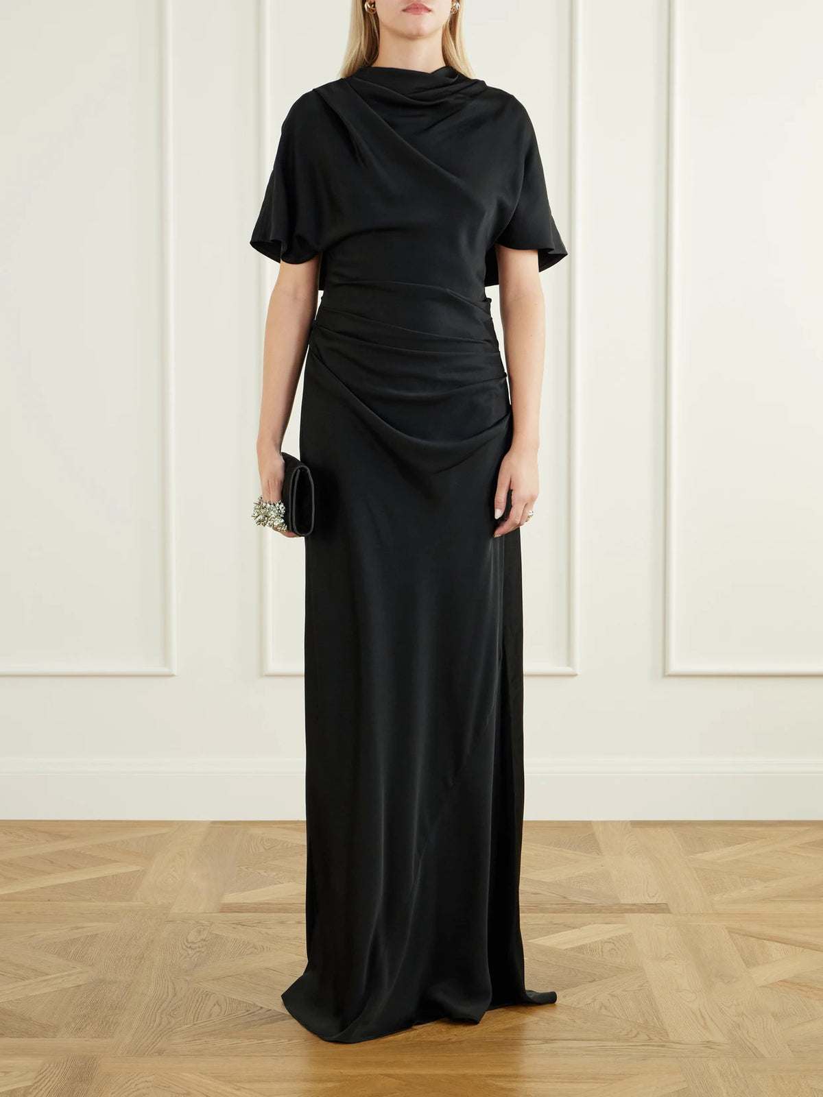 Image of Dresses. Product name - Open-back Gathered Jersey Maxi Dress in Black colour by brand - SIMKHAI