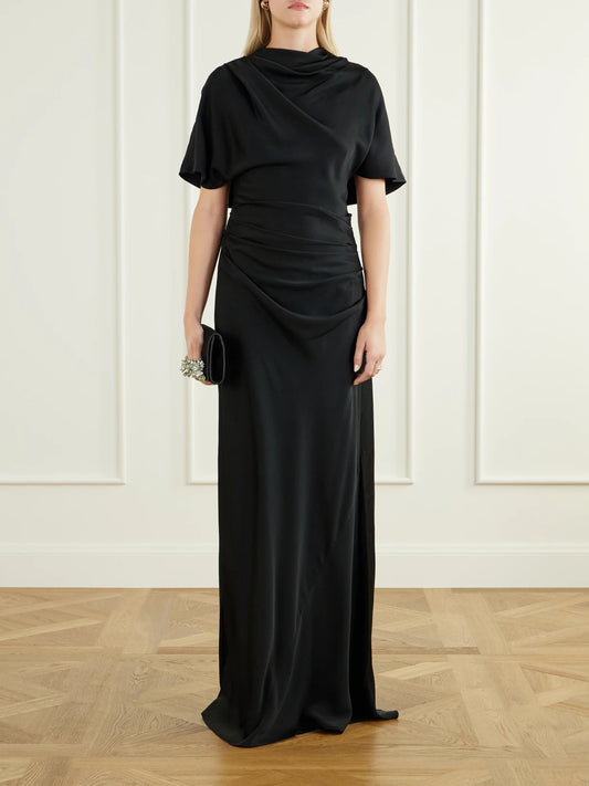 Image of Dresses. Product name - Open-back Gathered Jersey Maxi Dress in Black colour by brand - SIMKHAI
