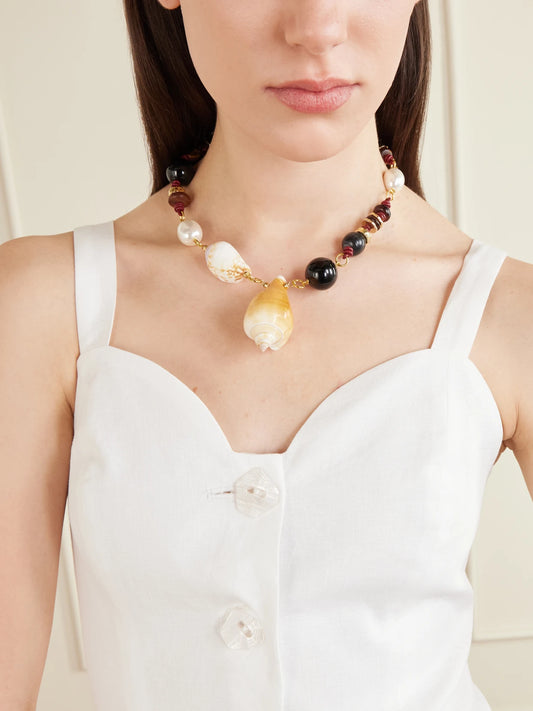 Image of Necklaces. Product name - Samsara Gold-plated, Onyx, Leather And Seashell Beaded Necklace in Ivory colour by brand - Tohum
