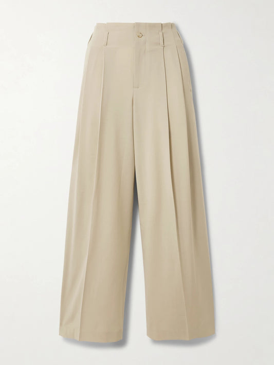 Image of a model wearing Pants. Product name - Percie Pleated Wool-blend Wide-leg Pants in Beige colour by brand - KALLMEYER