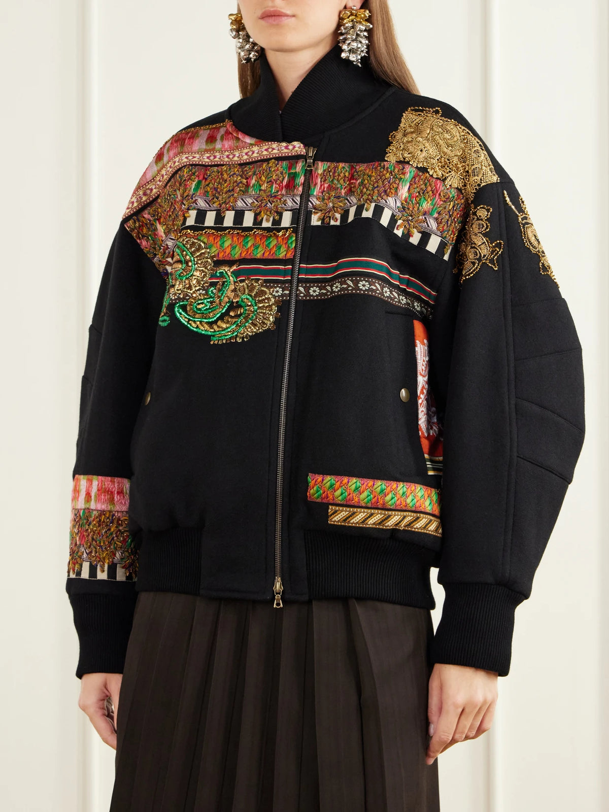 Dries Van Noten Embroidered Embellished Rib-trimmed Wool-blend Twill Bomber Jacket