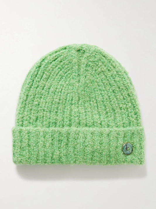 Button-embellished Ribbed Cashmere-bouclé Beanie