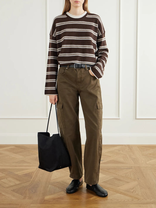 Image of a model wearing Outerwear. Product name - Dominick Striped Cashmere And Silk-blend Sweater in Multi colour by brand - La Ligne