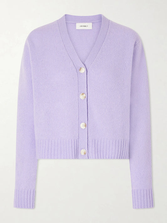 Image of a model wearing Outerwear. Product name - Marionette Cashmere And Silk-blend Cardigan in Purple colour by brand - LISA YANG