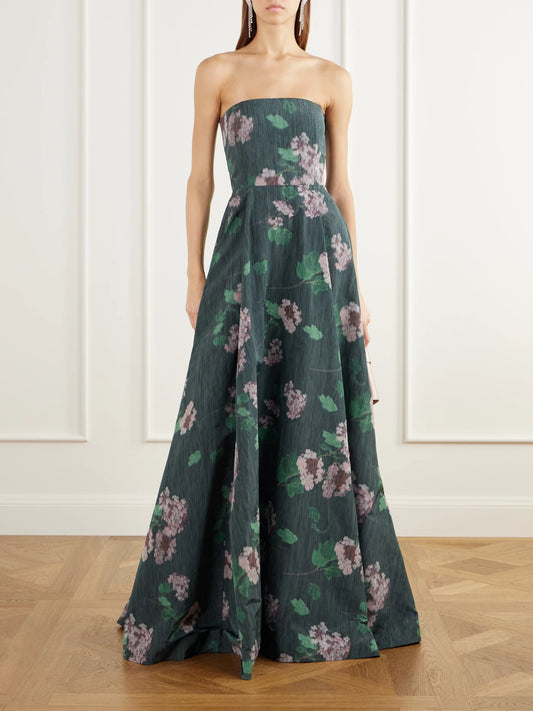 Image of Dresses. Product name - Isa Strapless Floral-print Taffeta Gown in Black colour by brand - BERNADETTE