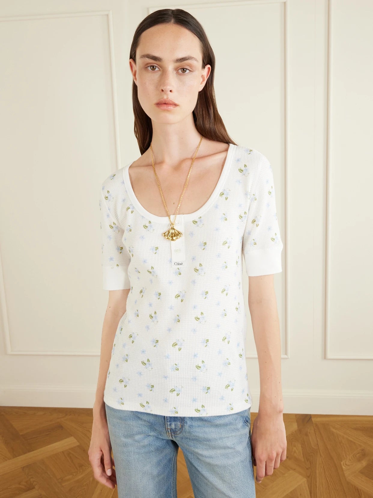 Floral-print Waffle-knit Cotton-jersey T-shirt