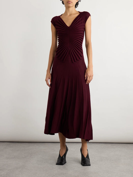 Image of Dresses. Product name - Pleated Wool Midi Dress in Burgundy colour by brand - Alaïa